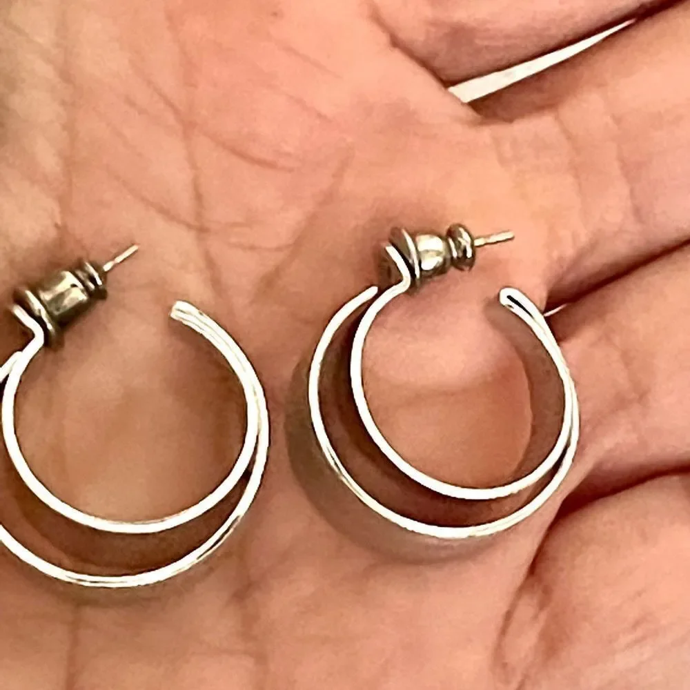 Silver tone double hoop post earrings
